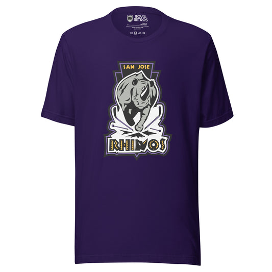 San Jose Rhinos Roller hockey T-Shirt. Purple. Charging Rhino. San Jose in gold above. To hockey sticks crossed below legs. Rhinos in caps underneath. Royal Retros