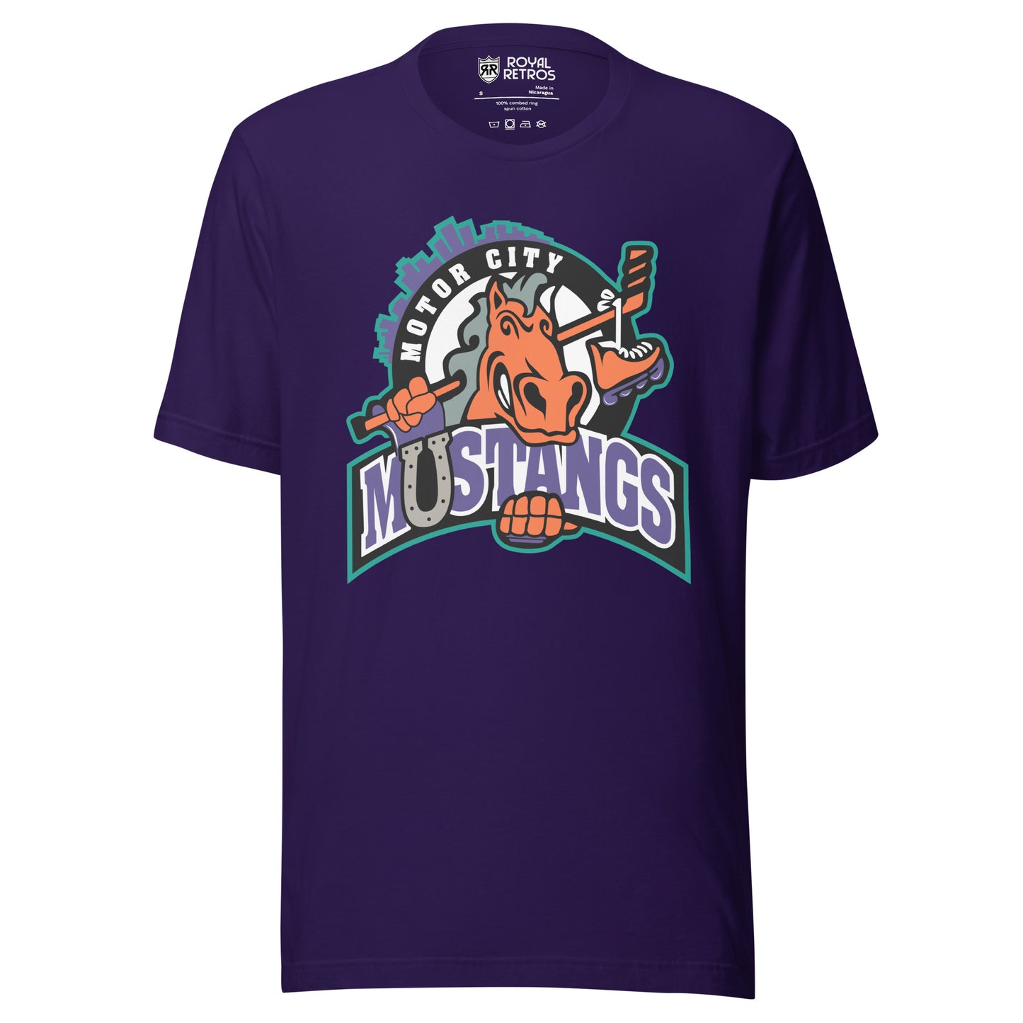 Detroit Motor City Mustangs. Purple. Cartoon horse, head only, holding hockey stick behind its head. Motor City curved upper left, Mustangs in purple white outline with gray horseshoe for the "U" Royal Retros