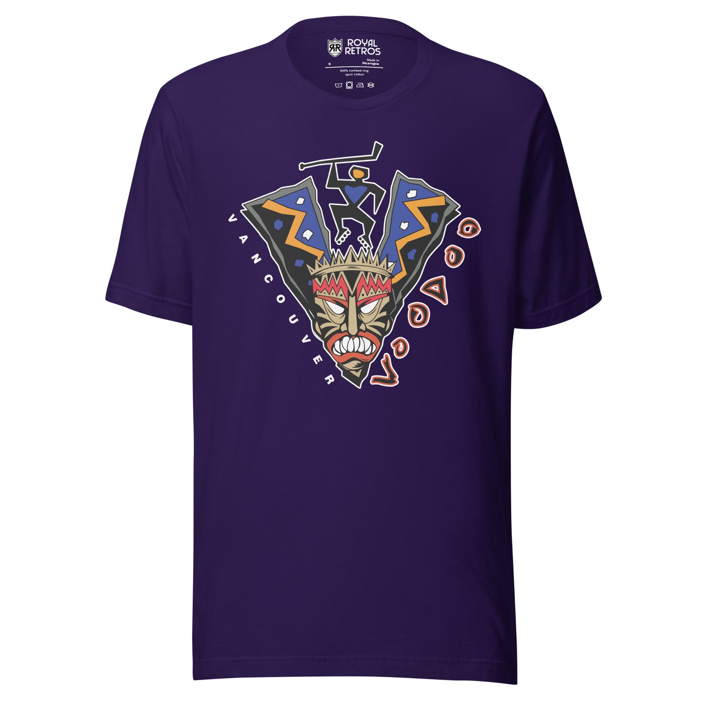 Vancouver Voodoo roller hockey T-shirt. Purple. V-shaped voodoo mask. Stick-like figure holding hockey stick in gap of V. Vancouver in white down left side, Voodoo in red with white trim going up right side. Royal Retros