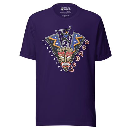 Vancouver Voodoo roller hockey T-shirt. Purple. V-shaped voodoo mask. Stick-like figure holding hockey stick in gap of V. Vancouver in white down left side, Voodoo in red with white trim going up right side. Royal Retros
