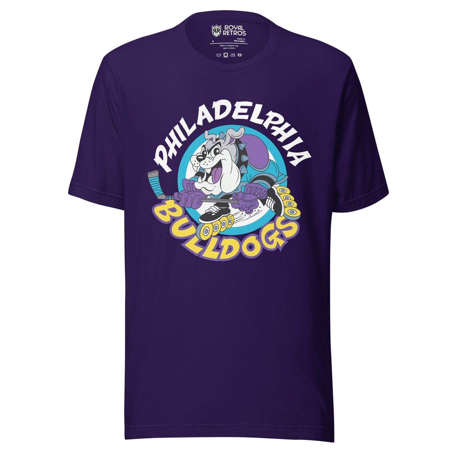 Philadelphia Bulldogs Roller Hockey -shirt. Purple. Philadelphia in white arched over cartoon bulldog inline skating with hockey stick, going to the left. Bulldogs arched up in yellow below. Royal Retros