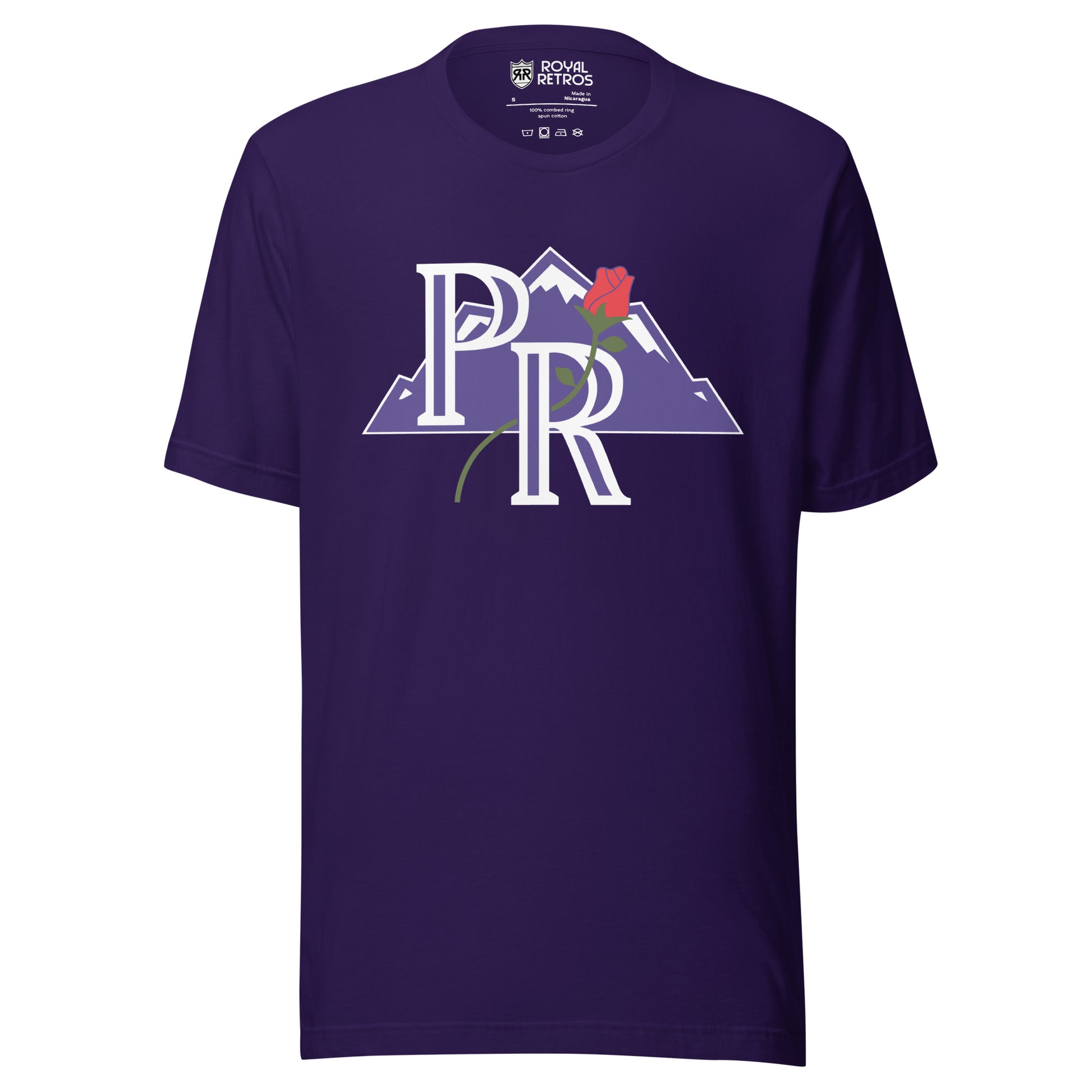 Portland Rockies baseball T-shirt purple. Purple PR outlined in white over purple mountain with white caps/ Rose going through top of Royal Retros