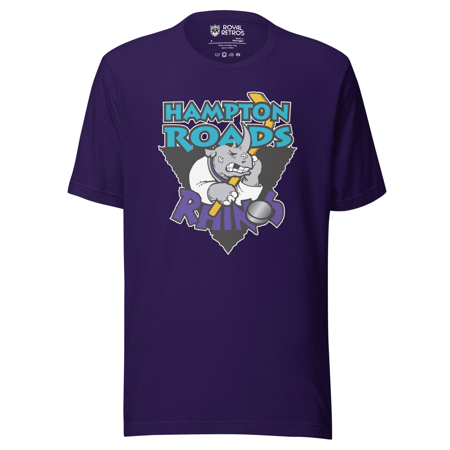 Purple Hampton Roads Rhinos T-Shirt featuring a cartoon rhino design. Ryal Retros