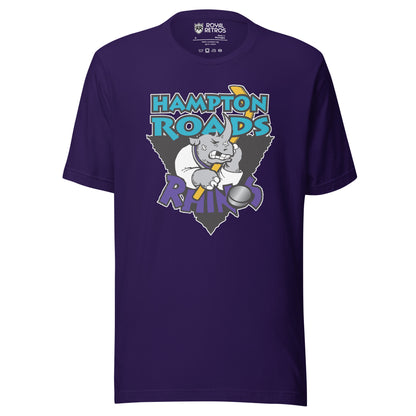 Purple Hampton Roads Rhinos T-Shirt featuring a cartoon rhino design. Ryal Retros