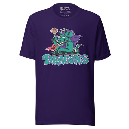 New Jersey Swamp Dragons T-Shirt purple. Dragon spinning a basketball with DRAGONS wordmark underneath. Royal Retros