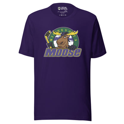Minnesota Moose hockey T-shirt. Purple. Moose logo of moose holding hockey stick over green circle with yellow Minnesota and MOOSE in purple with yellow trim across and over bottom of circle. Royal Retros