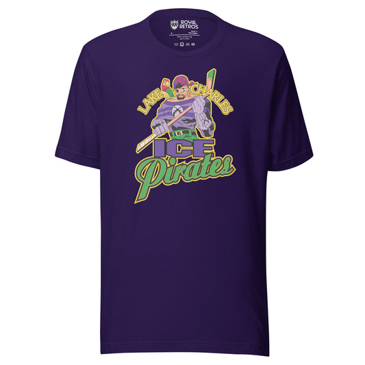 Lake Charles Ice Pirates hockey T-shirt. Purple. Lake in gold to left of pirate's head, Charles to the right. Pirate is holding a hockey stick. Below is ICE in purple, with Pirates in green below that. Royal Retros