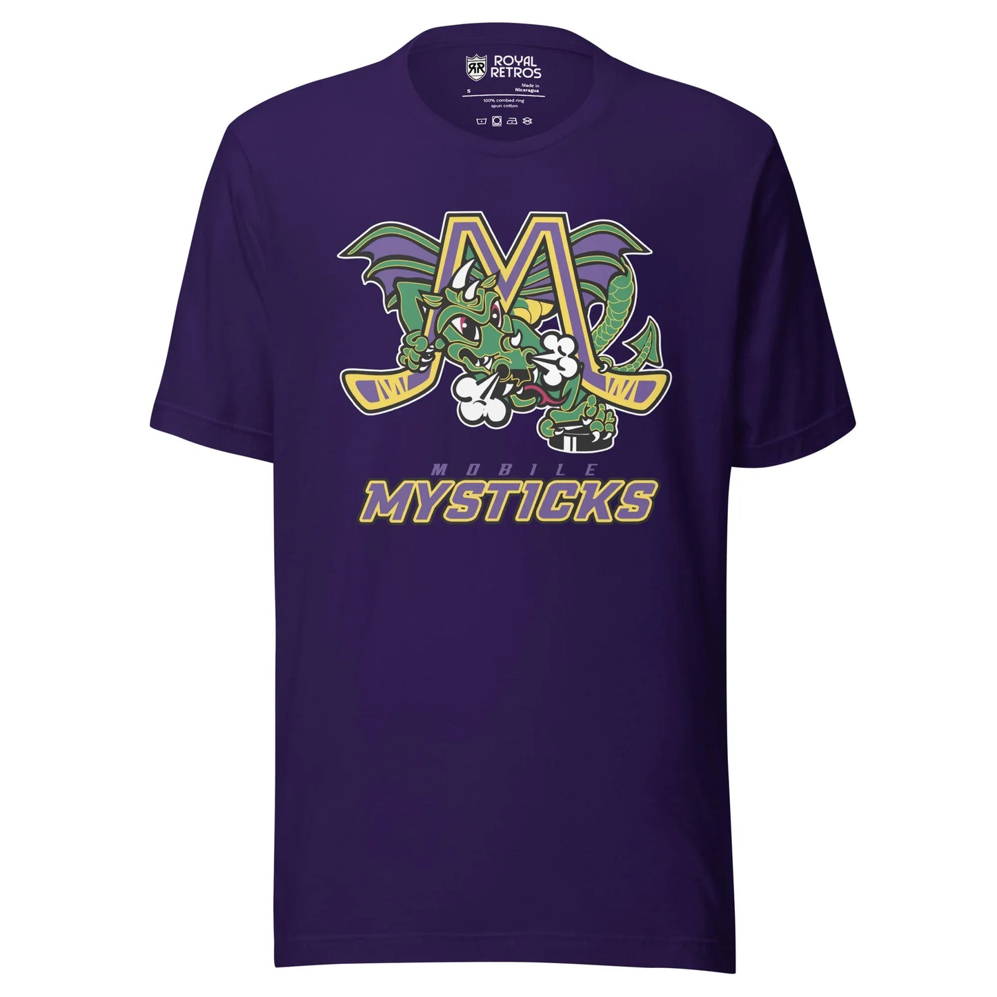 Mobile Mysticks T-shirt. Purple. Logo on chest is an gold M with yellow trim, hockey sticks forming the legs. Large dragon green with purple wings poking through letter. Mobile in purple small above MYSTICKS in purple with gold trim large below. Royal Retros.