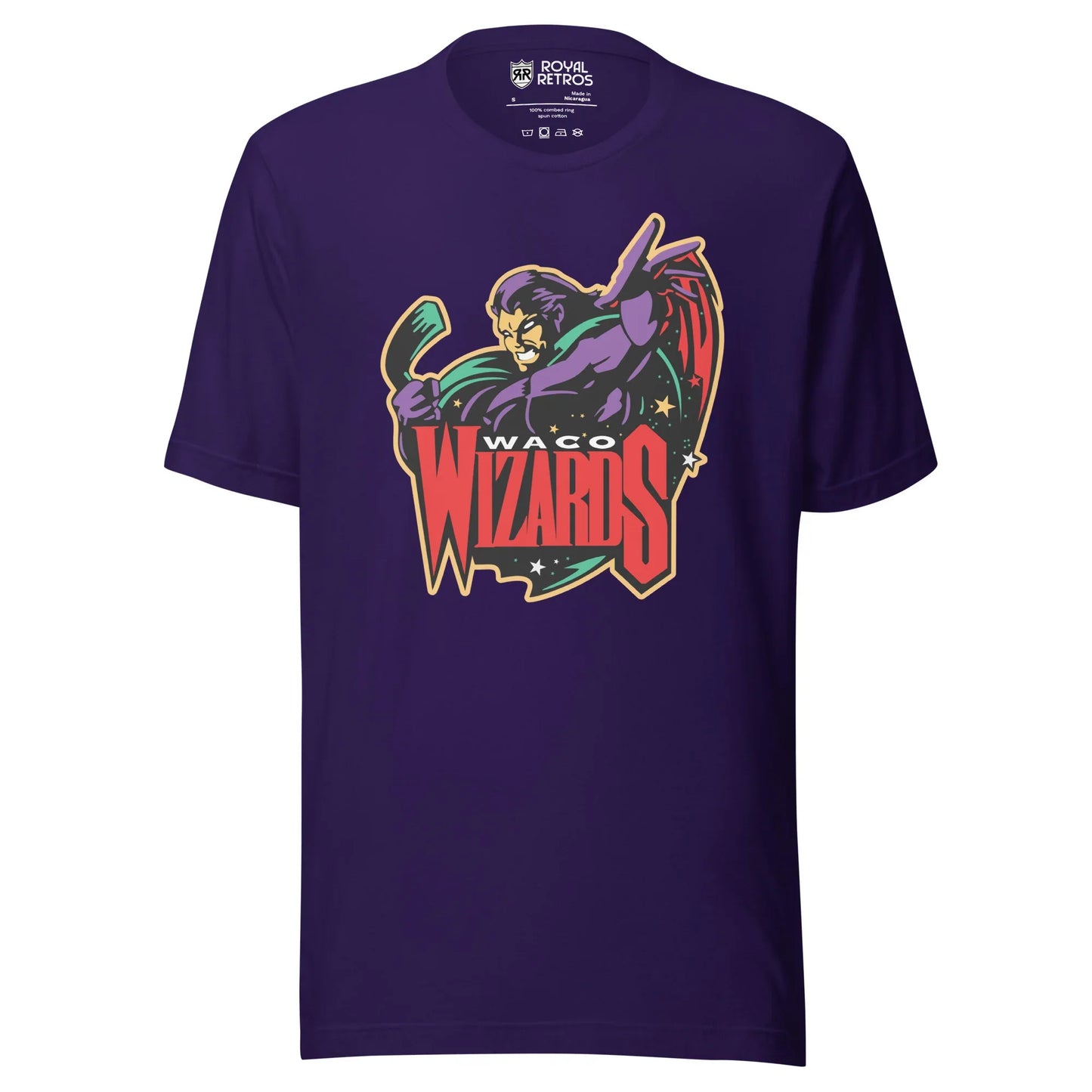 Waco Wizards T-shirt. Purple.  Logo is a purple wizard holding a hockey stick. Waco small in white above WIZARDS in red, Royal Retros