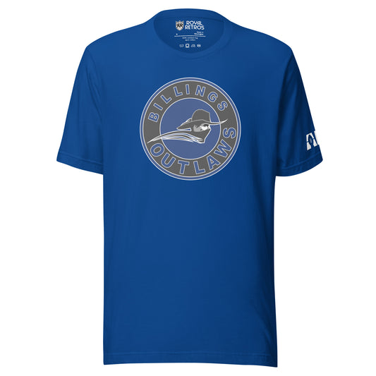 Billings Outlaws T-shirt. Royal Blue. Circle logo Gray outer circle, Billings in Blue above, Outlaws in blue below. Blue inner circle with masked cowboy, neck up, facing right. Royal Retros