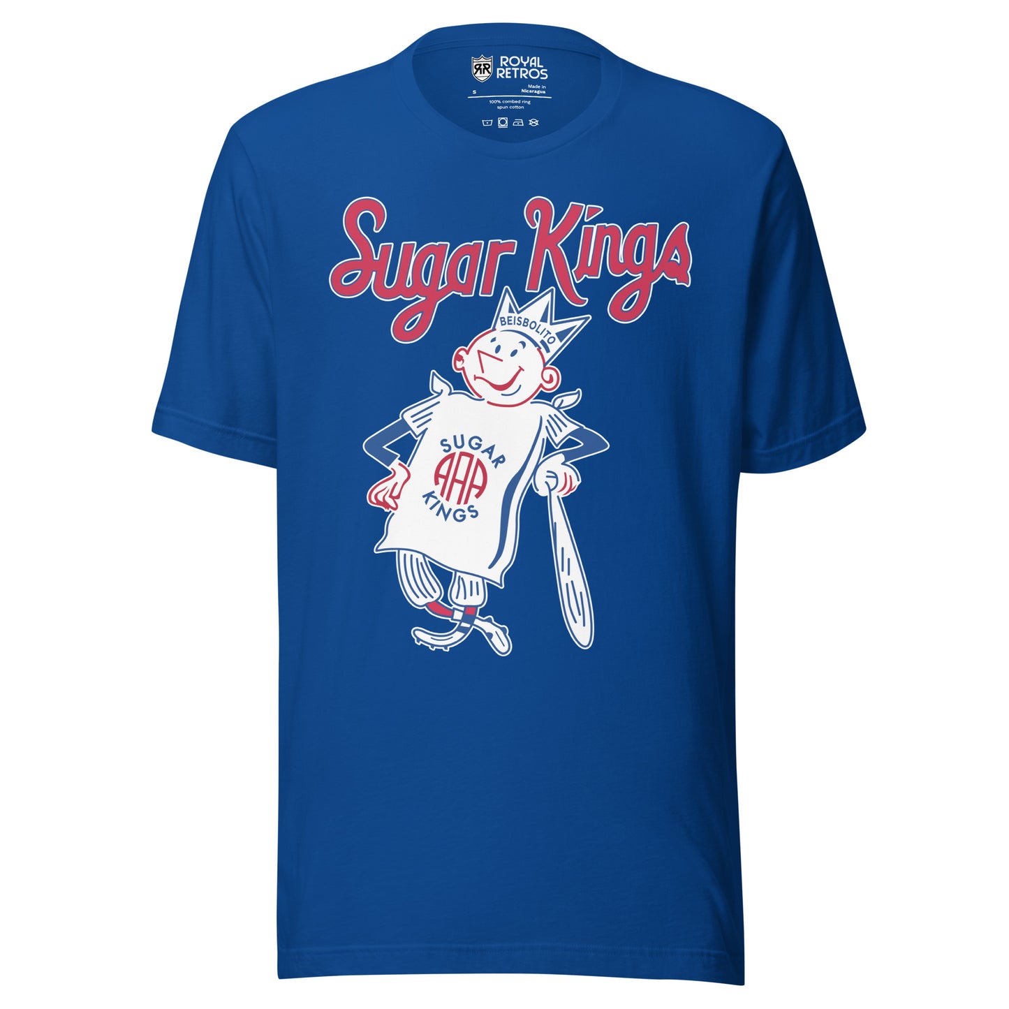 Havana Sugar Kings T-Shirt. Royal Blue. Sugar Kings in red above anthropomorphic sugar bag wearing a crown and leaning on a bat. Royal Retros