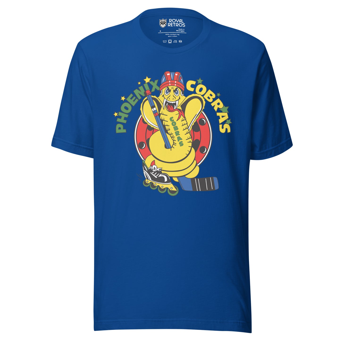 Phoenix Cobras roller hockey T-Shirt. Royal Blue. Phoenix in green arched on left, yellow Cobras arched on right. Yellow cobra between holding hockey stick and wearing a red and blue helmet and holding a blue hockey stick. Royal Retros
