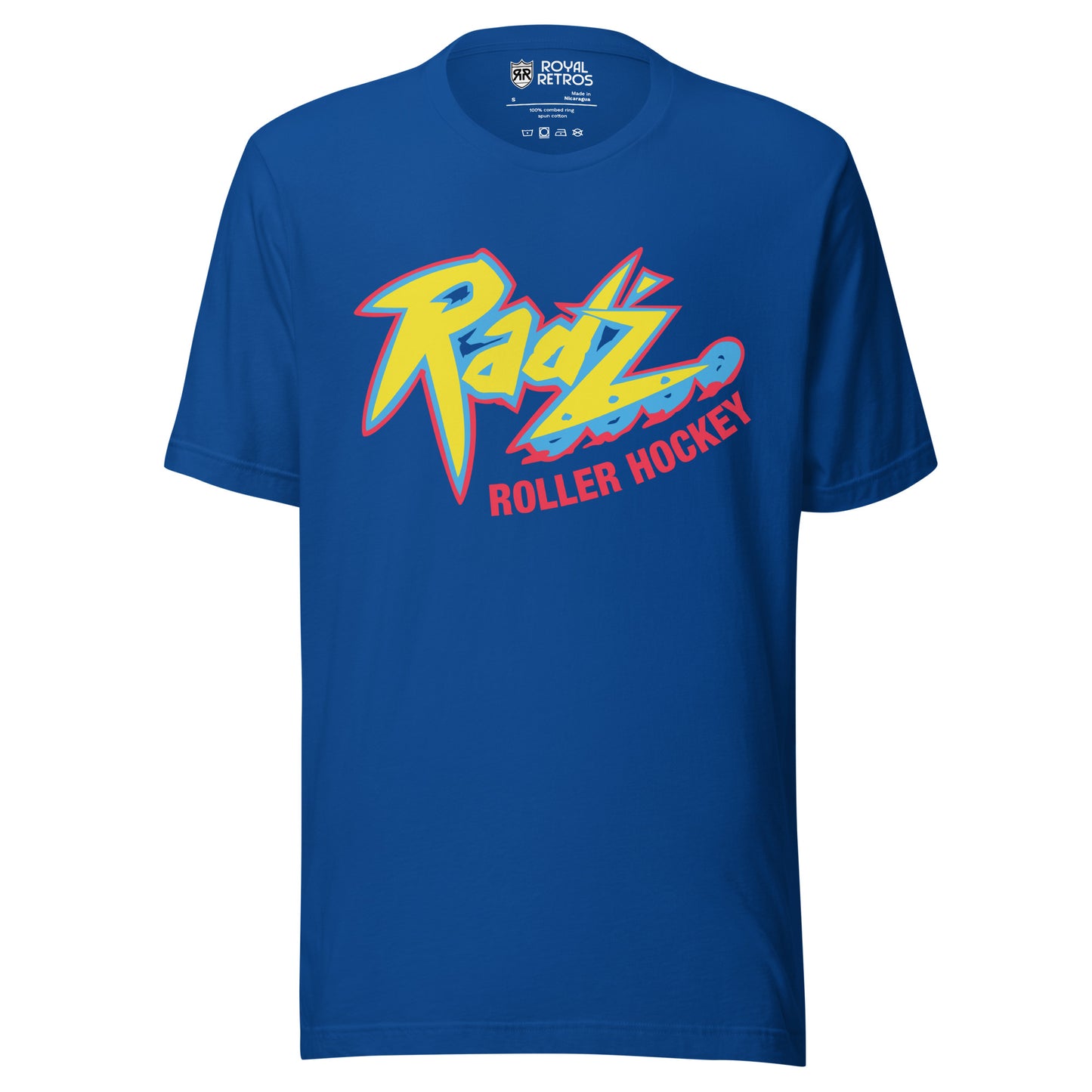 Calgary Rad'z Roller Hockey T-Shirt. Blue. Stylized Rad'z in yellow with red and blue trim. Rollerblade wheels on bottom of Z. Roller Hockey in red below main logo. Royal Retros