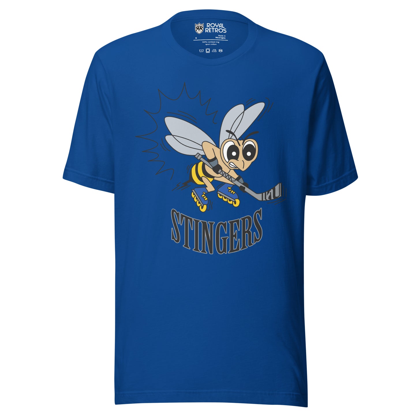 New England Stingers roller hockey T-Shirt. Royal Blue. Frowning cartoon bee with hockey stick. Stingers in black, curved upward, below bee. Royal Retros