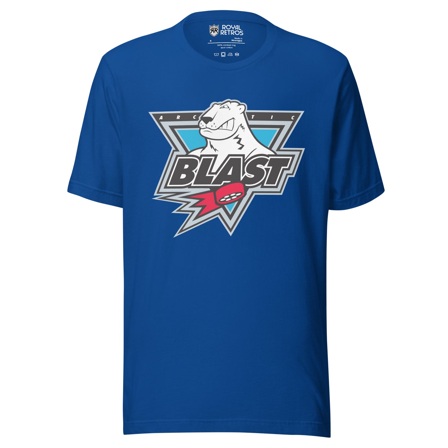 Minnesota Artic Blast roller hockey T-Shirt. Blue. Upside down triangle with polar bear head sticking out. ARC and TIC on either side of head. Blast large in black with white trim below across bottom of triangle. Red puck with streaks below that. Royal Retros