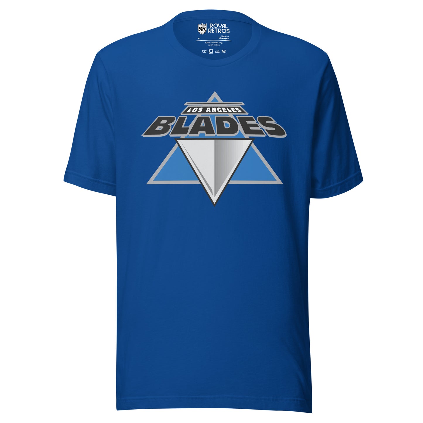Los Angeles Blades roller hockey T-Shirt. Royal Blue. Blue triangle, with silver triangle in middle pointing down. Los Angeles in white, small above larger Blades in black. Royal Retros