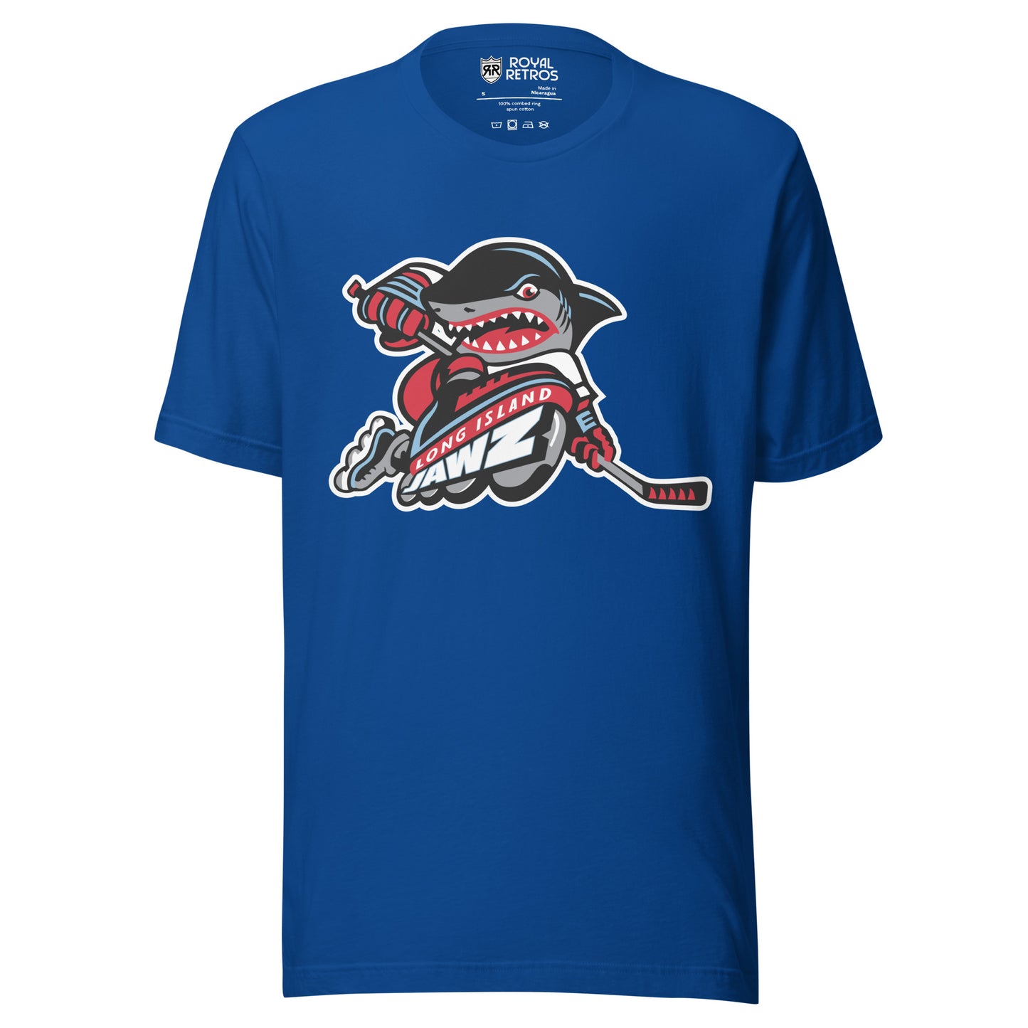 Long Island Jawz roller hockey T-Shirt. Royal Blue. Menacing cartoon shark rollerblading with hockey stick. Long Island in white on red banner below, with Jawz in white, larger, below that. Royal Retros