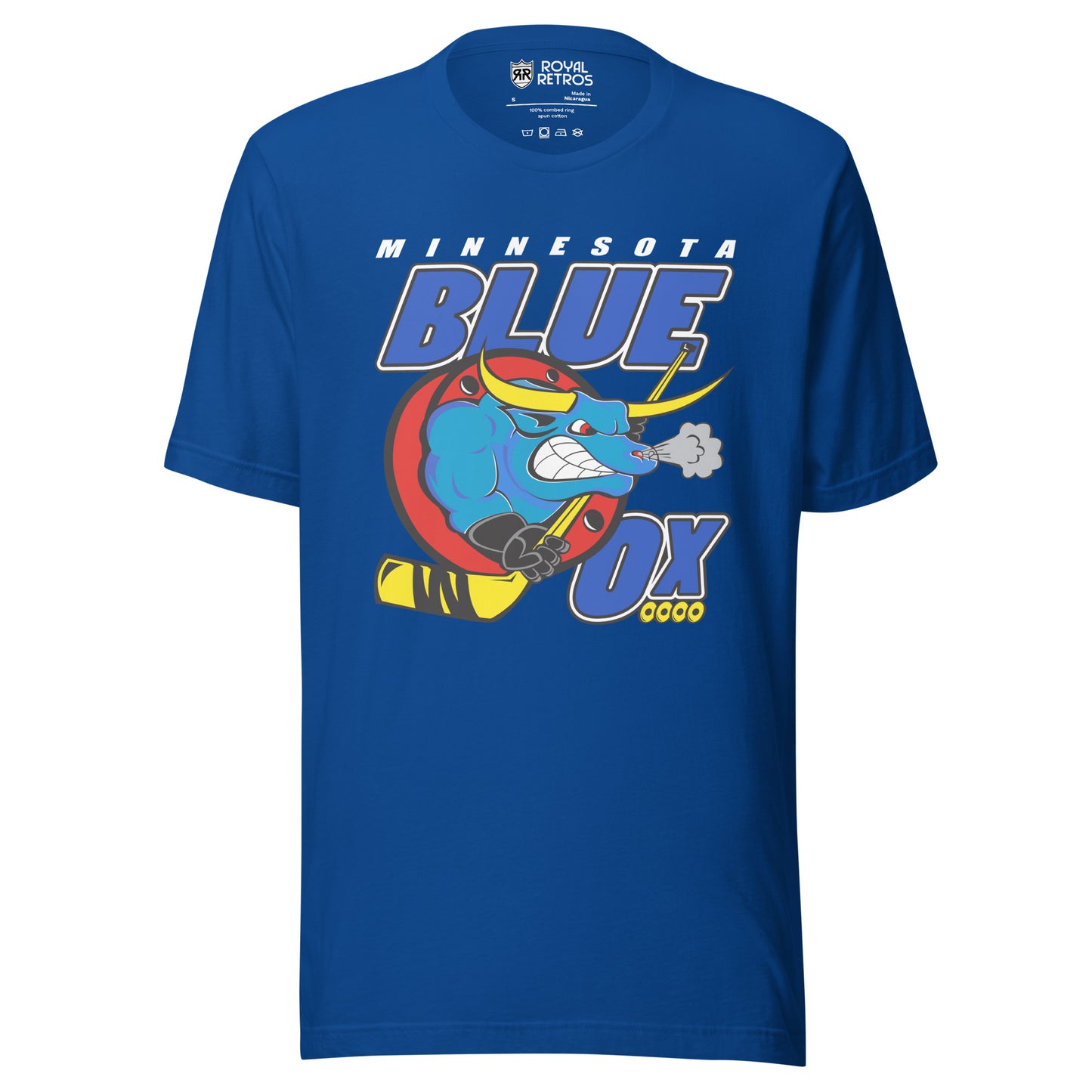 Minnesota Blue Ox roller hockey T-shirt. Blue. Minnesota in black above large BLUE. Blue Ox below with hockey stick. OX in blue to the right with four gold wheels underneath. Royal Retros