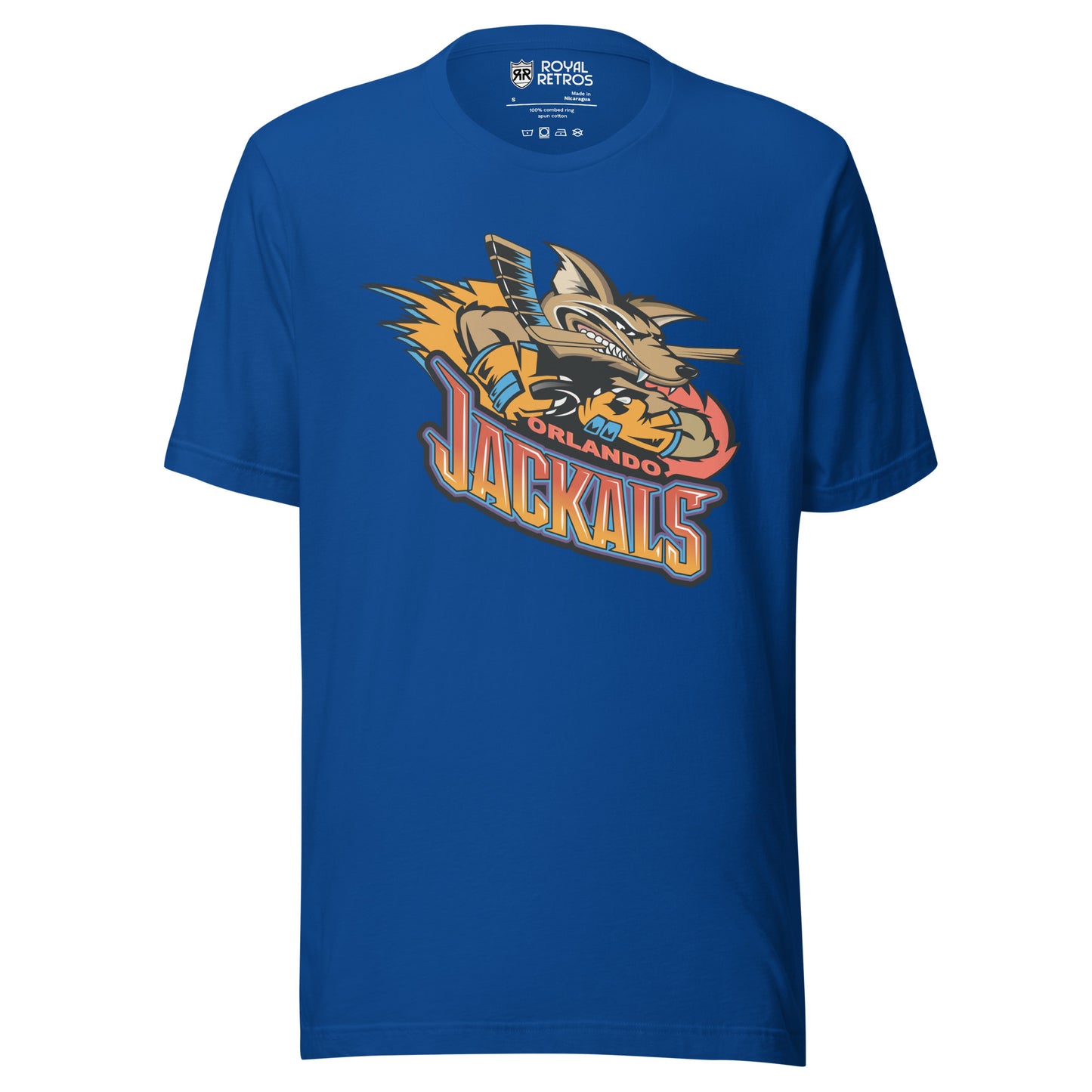 Orlando Jackals roller hockey T-shirt. Royal. Jackal holding hockey stick, with flames to the left. Orlando in red small just under jackal, JACKALS in red on top orange on bottom below. Royal Retros