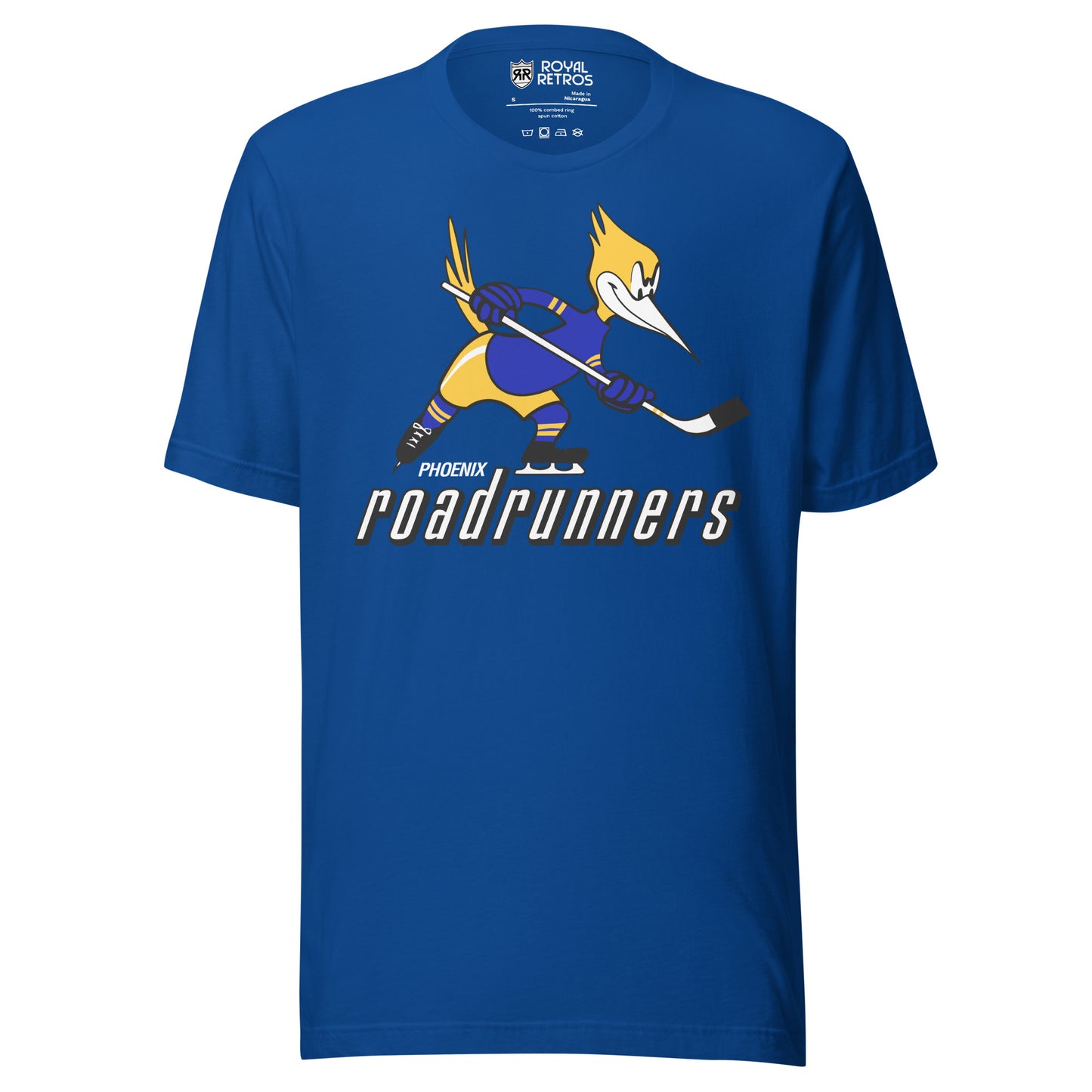 Phoenix Roadrunners T-shirt. Royal. Logo on chest of roadrunner holding a hockey stick facing right. Phoenix small in white over road runners large Royal Retros