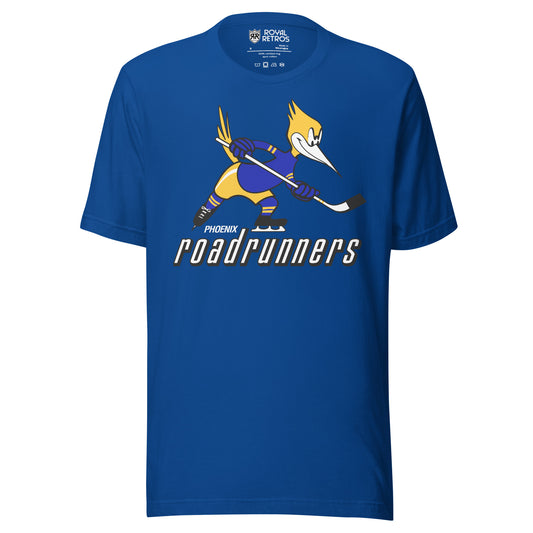 Phoenix Roadrunners T-shirt. Royal. Logo on chest of roadrunner holding a hockey stick facing right. Phoenix small in white over road runners large Royal Retros