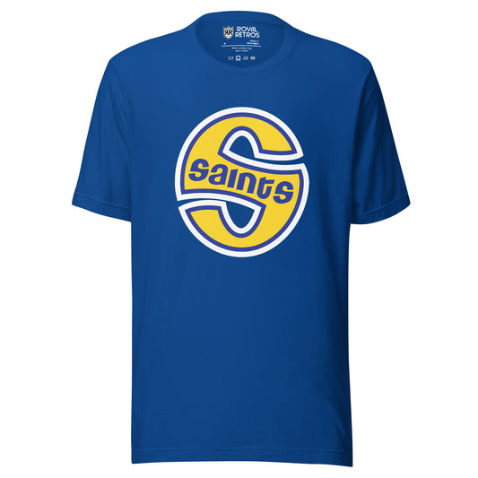 Minnesota Fighting Saints S logo T-shirt. Royal. Stylized gold S with white trim in the shape of an oval. SAINTS in blue across middle of S. Royal Retros