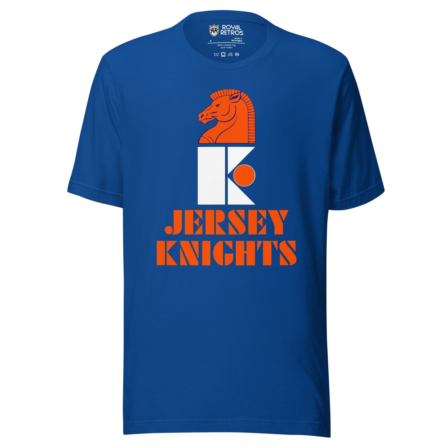 Jersey Knights WHA T-Shirt. Royal. white K with Horse Knight head in orange on top facing left. Orange circle next to K. Jersey above Knights both in orange below K. Royal Retros