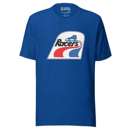 Indianapolis Racers WHA T-shirt. Royal. Logo is white square with curved top. Blue skate making red and blue waves. Racers in black below skate and above waves. Royal Retros