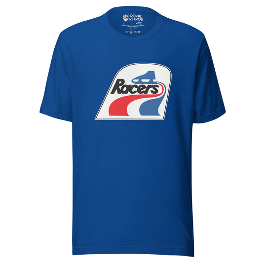 Indianapolis Racers WHA T-shirt. Royal. Logo is white square with curved top. Blue skate making red and blue waves. Racers in black below skate and above waves. Royal Retros