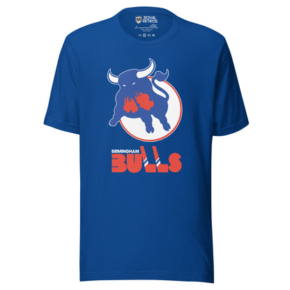 WHA Birmingham Bulls logo T-shirt. Royal. Blue bull snorting red steam on white circle. Birmingham small over large BULLS, Ls are hockey sticks. Royal Retros