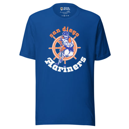 San Diego Mariners T-shirt blue. San Diego arched in orange above sailor skating coming at viewer, over orange and white ship's wheel. Mariners in white arched underneath. Royal Retros