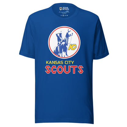 Kansas City Scouts T-Shirt blue. Scouts logo of Native American on horseback in center white circle with blue detail. Red and white border. Yellow K with C formed by right side of K in gold next to horse. Kansas City in gold above SCOUTS in red with white trim. Royal Retros