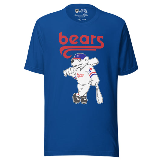 Denver Bears T-shirt. Blue. Stylized "bears" in lower case in red above White bear in blue cap with red bill holding a bat over its shoulder. "Bears" on bear's jersey. Royal Retros
