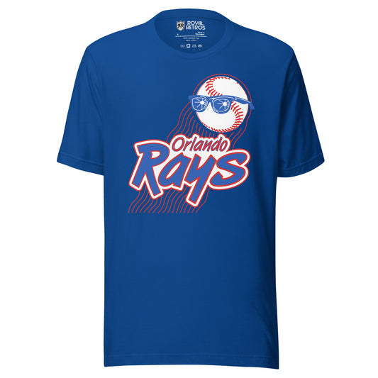 Orlando Rays baseball T-shirt. Blue. Baseball upper right wearing blue sunglasses. Orland in red small above Rays large in blue with red outline. White background for both. Red rays underneath diagonal left to right down. Royal Retros