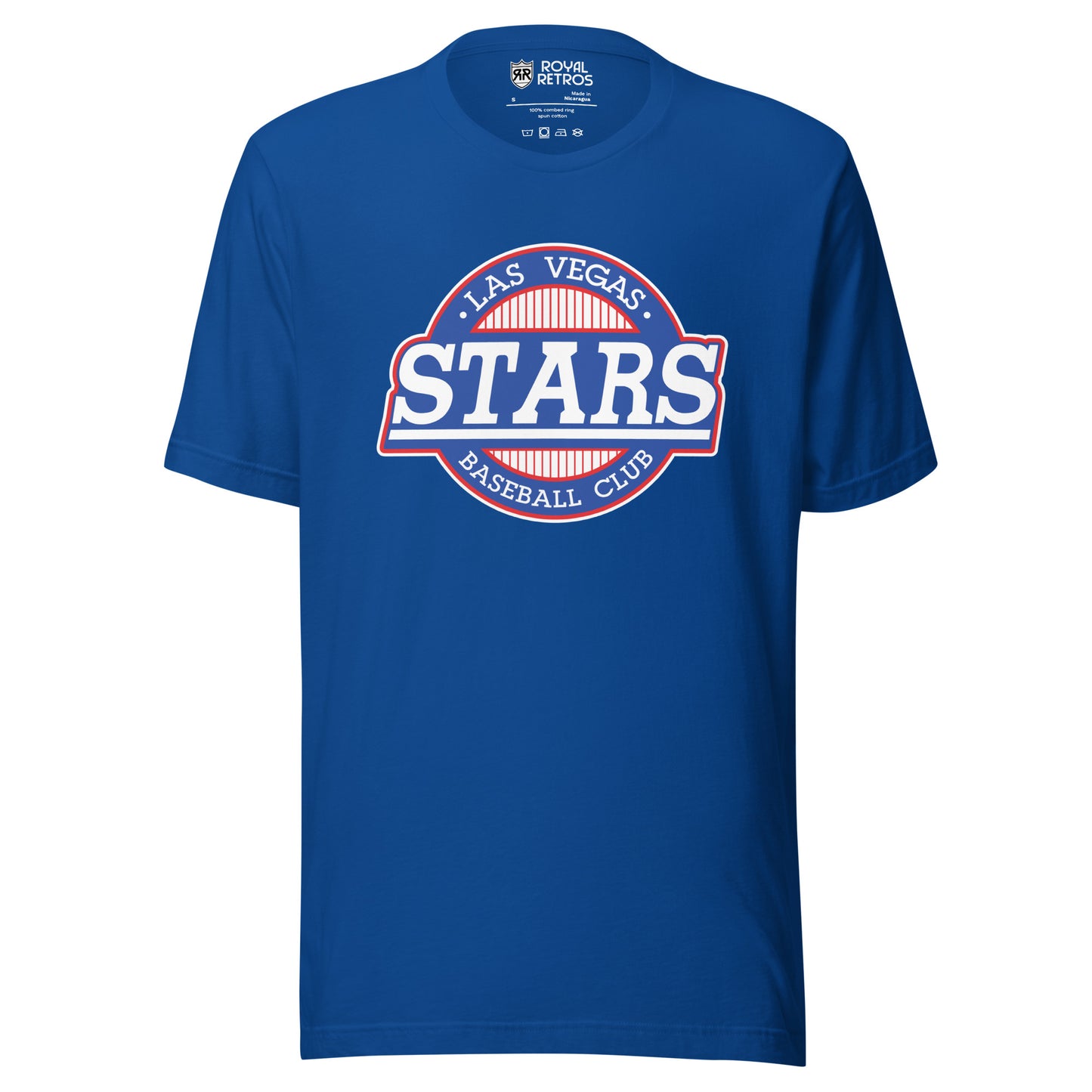Las Vegas Stars baseball T-shirt royal. White circle with orange trim, Stars in white underlined across middle. Las Vegas in white inside top of circle, Baseball Club in white below inside circle. Royal Retros. 