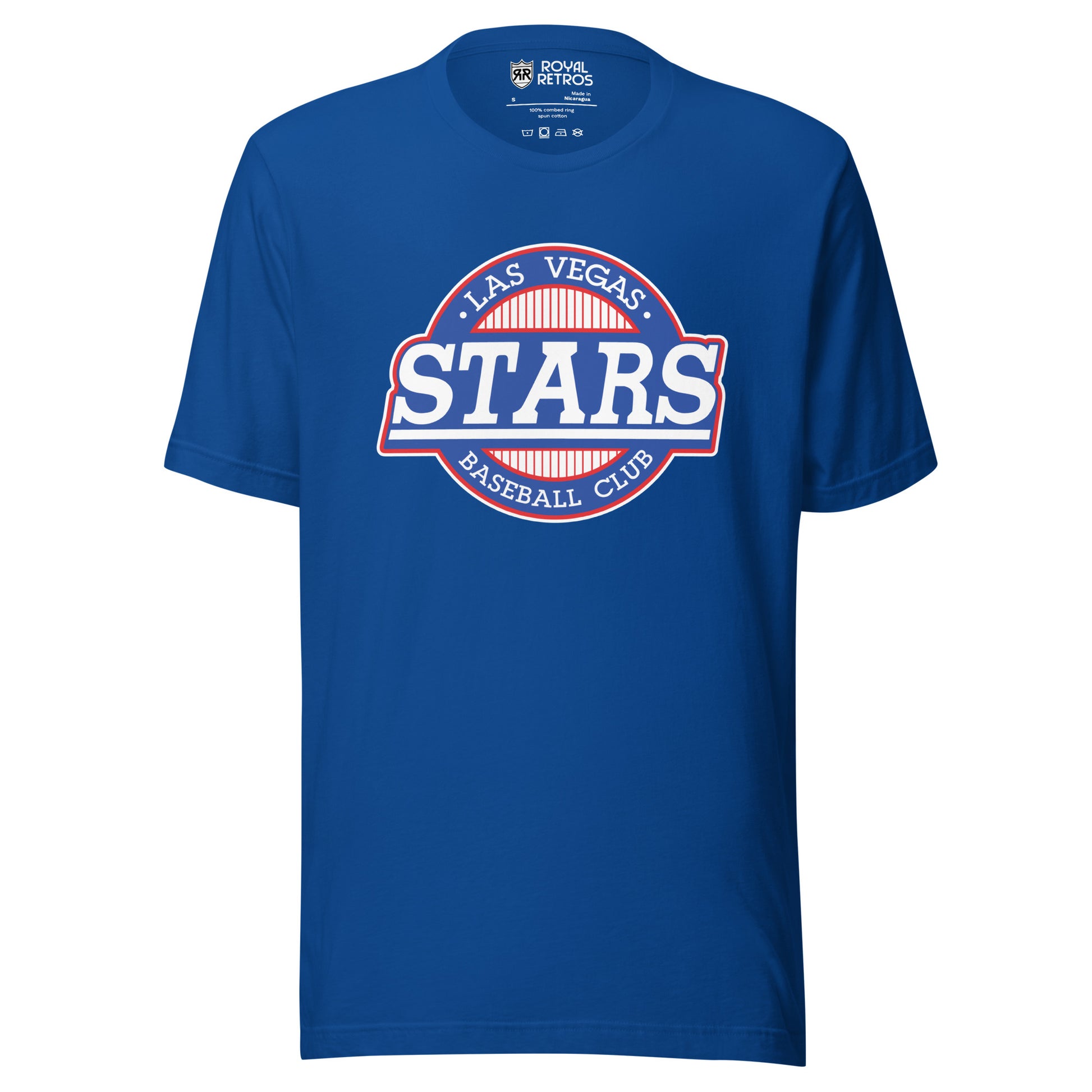 Las Vegas Stars baseball T-shirt royal. White circle with orange trim, Stars in white underlined across middle. Las Vegas in white inside top of circle, Baseball Club in white below inside circle. Royal Retros. 