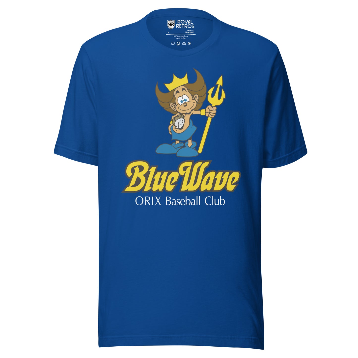 Orix Blue Wave baseball T-shirt. Royal. Monkey with crown holding gold trident above words Blue Wave, large in gold, ORIX Baseball Club in white small below. Royal Retros.