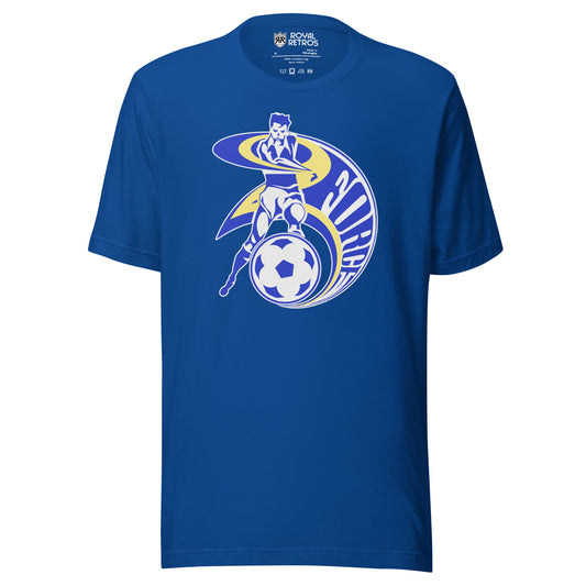 Cleveland Force Major Indoor Soccer League MISL T-shirt. Blue. Player with foot on soccer ball arm has blue and gold swoops coming off arm and around player. FORCE inside the swoop going down the right side of the player. Royal Retros