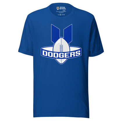 Brooklyn Dodgers AAFC T-shirt. Blue. Football on its end with find coming off the top left and right. Band around football, blue background with Dodgers in white. Royal Retros