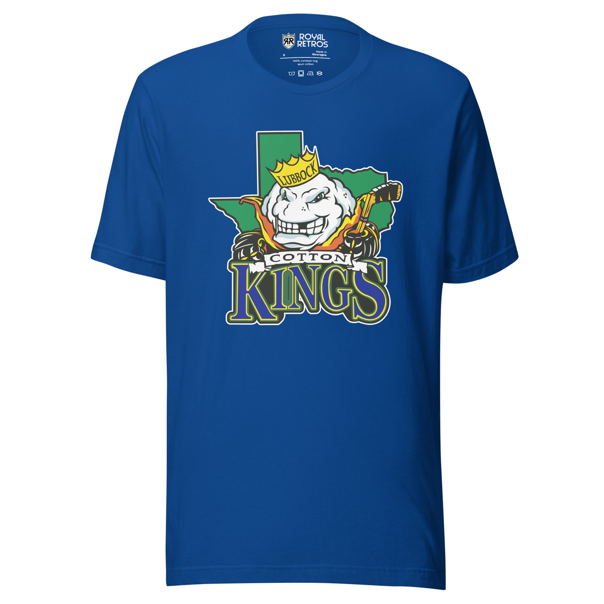 Lubbock Cotton Kings hockey T-shirt. Blue. Green Texas background. Anthropomorphized cotton ball, with a menacing look over Texas. Cotton in black on white ribbon small above KINGS large in blue with green trim below. Royal Retros