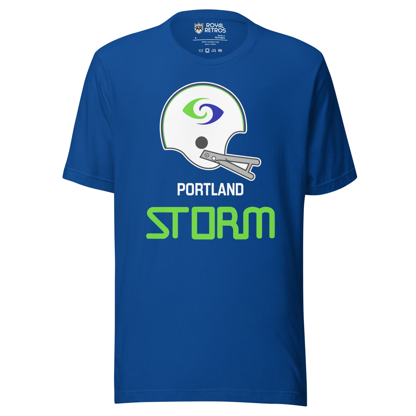 Portland Storm World Football League WFL T-shirt. Blue. White helmet with gray facemask. Green and blue storm symbol on  helmet. PORTLAND small in white above STORM in green. Royal Retros