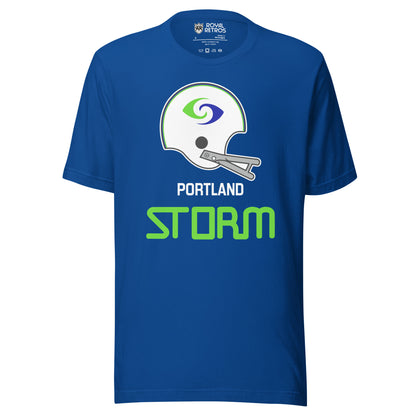 Portland Storm World Football League WFL T-shirt. Blue. White helmet with gray facemask. Green and blue storm symbol on  helmet. PORTLAND small in white above STORM in green. Royal Retros