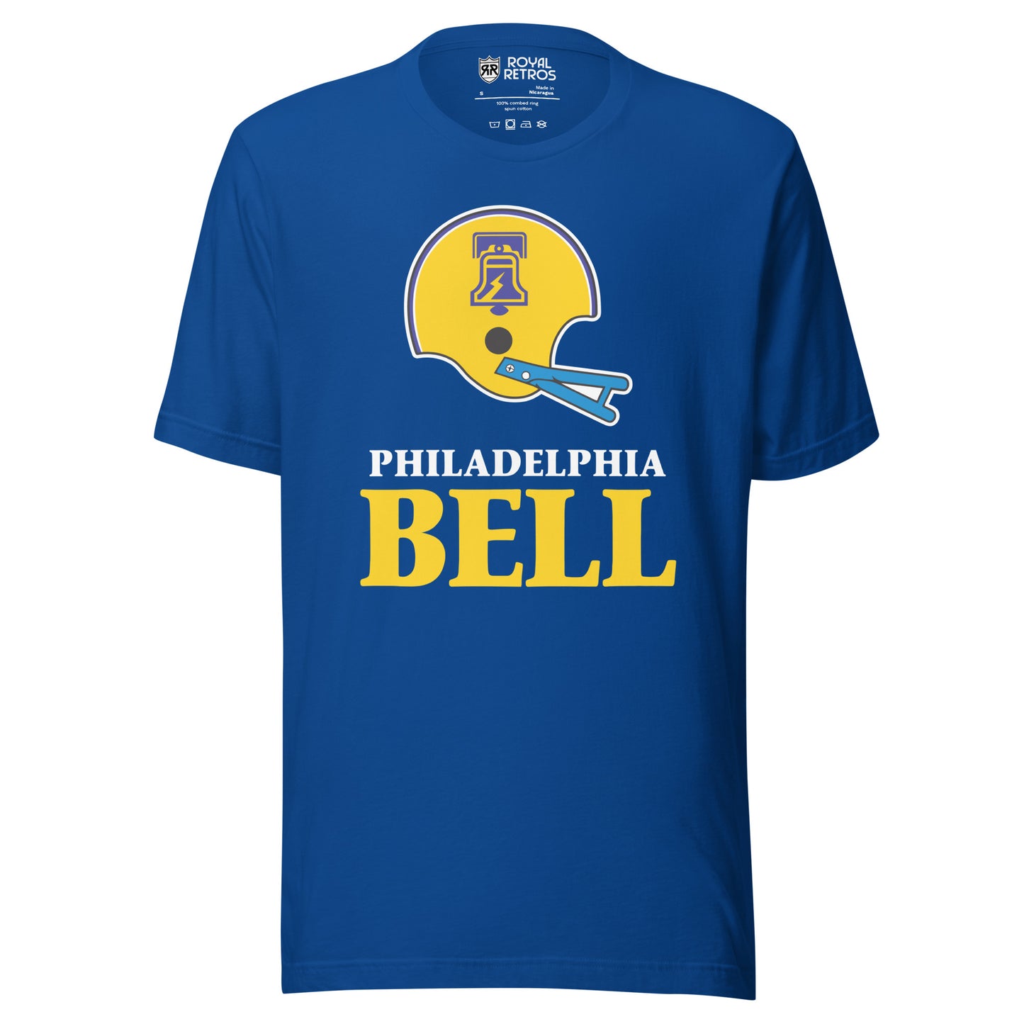 Philadelphia Bell World Football League WFL T-shirt. Blue. Yellow helmet with blue and white trim. Stylized image of Liberty Bell in blue in center of helmet. Blue faceguard. PHILADELPHIA white below, BELL large in yellow below. Royal Retros