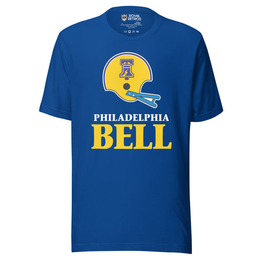 Philadelphia Bell World Football League WFL T-shirt. Blue. Yellow helmet with blue and white trim. Stylized image of Liberty Bell in blue in center of helmet. Blue faceguard. PHILADELPHIA white below, BELL large in yellow below. Royal Retros