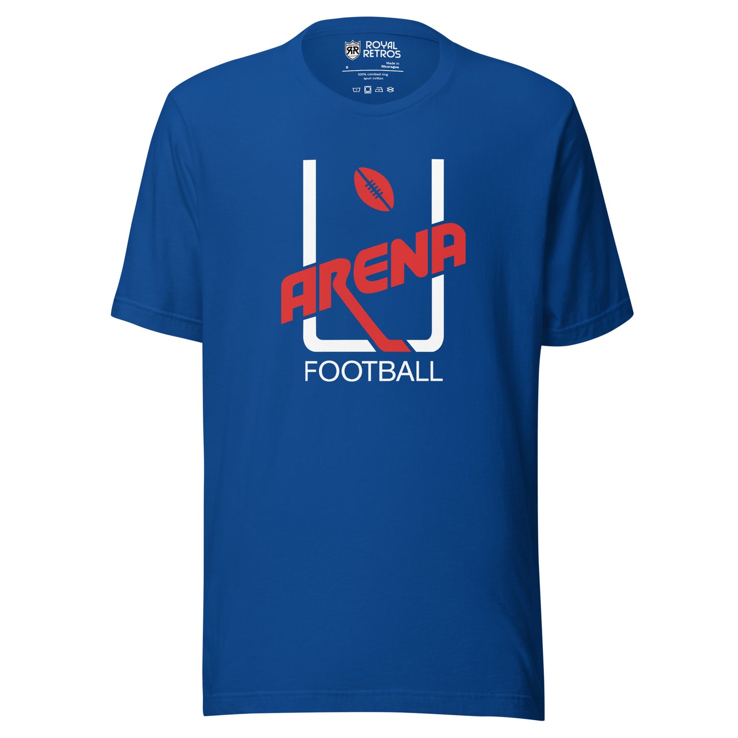 Arena Football League original goalpost logo T-shirt. Blue. White uprights, red football in between at top. Stylized ARENA in red diagonal left up to right across bottom of uprights. FOOTBALL in white below. Royal Retros