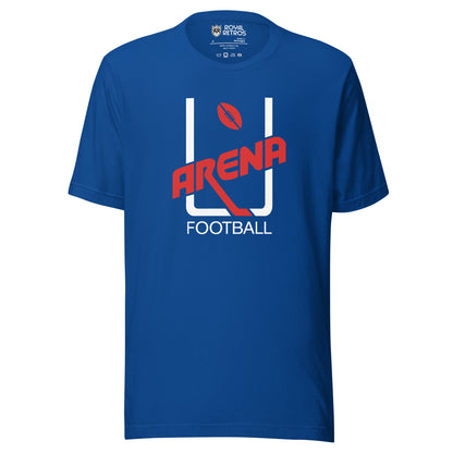 Arena Football League original goalpost logo T-shirt. Blue. White uprights, red football in between at top. Stylized ARENA in red diagonal left up to right across bottom of uprights. FOOTBALL in white below. Royal Retros