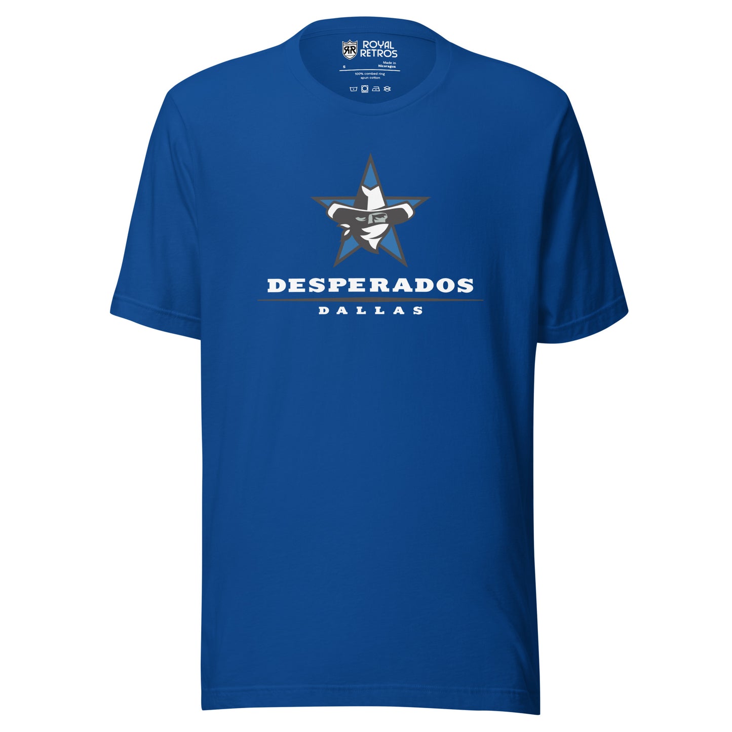 Dallas Desperados Arena Football League T-shirt. Blue. Blue star with black trim, Black and white cowboy face with white bandana. Desperados in blue below with black trim. Black like, DALLAS in blue small below that. Royal Retros