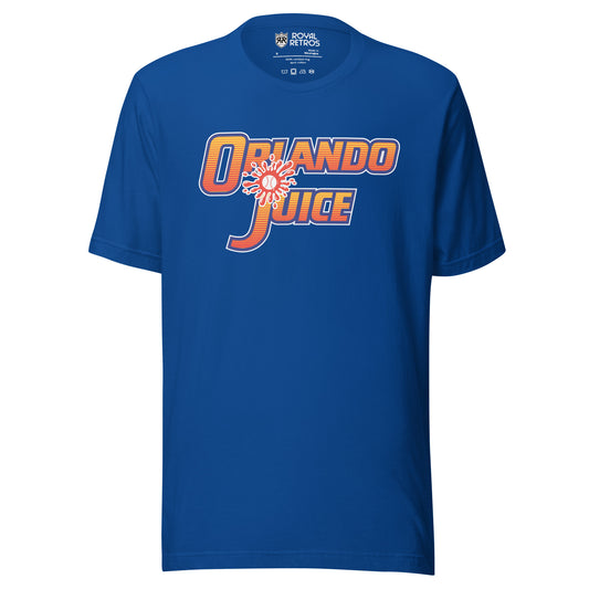 Orlando Juice Baseball T-shirt. Blue. Orlando in orange and red striped letters. Juice in orange and red striped letters below. Baseball splash on red above the J. Royal Retros