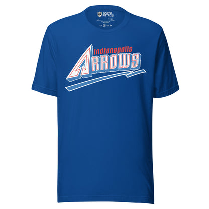 Indianapolis Arrows baseball T-shirt. Blue. ARROWS in white with red trim inside letters. Blue shadow under letters. Blue underline beneath with white trim. Royal Retros