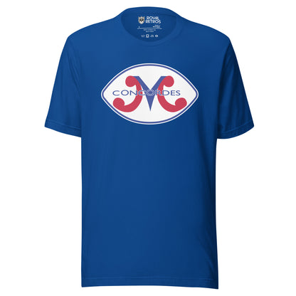 Montreal Concordes T-shirt. Royal Blue. football shaped white background with blue inner trim. M with red legs and blue center. Concordes in blue over top. Royal Retros